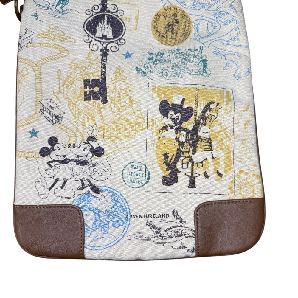 Disney Parks Mickey Minnie Mouse Vintage Sketch Canvas Crossbody Bag Cream Brown